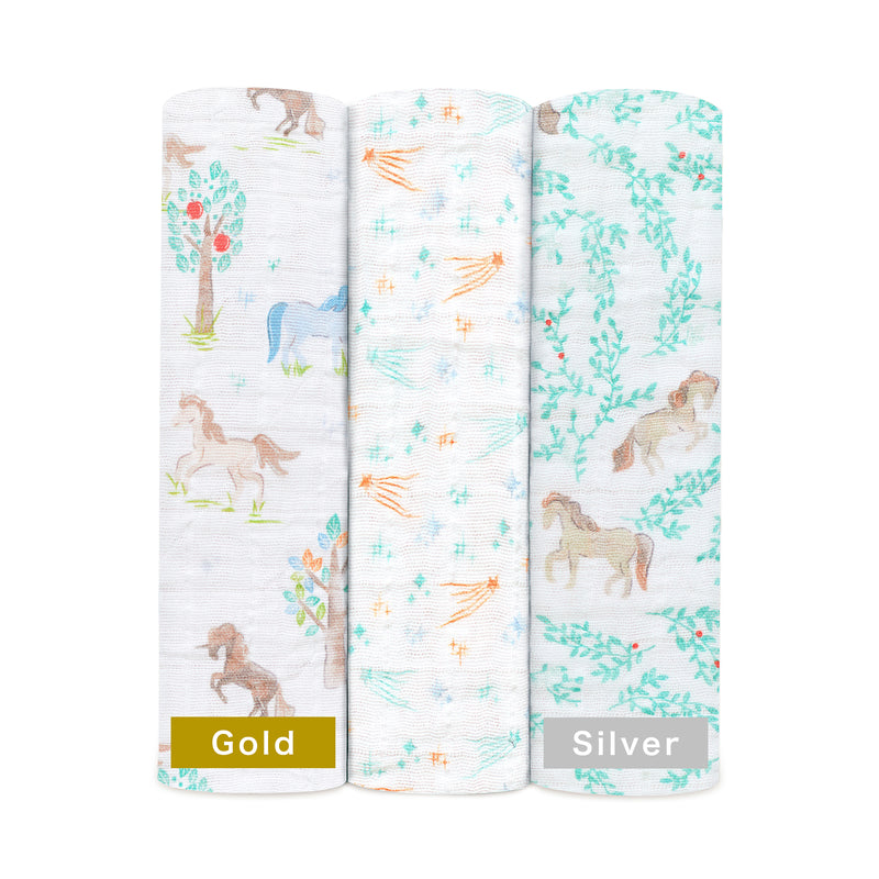 【名入れ】[aden + anais] おくるみ - 3枚セット ／イヤー オブ ザ ホース×Gold・Silver糸