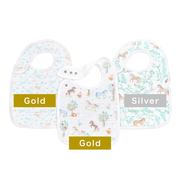 【名入れ】[aden + anais] スナップビブ（よだれかけ） - 3枚セット／イヤー オブ ザ ホース×Gold・Silver糸
