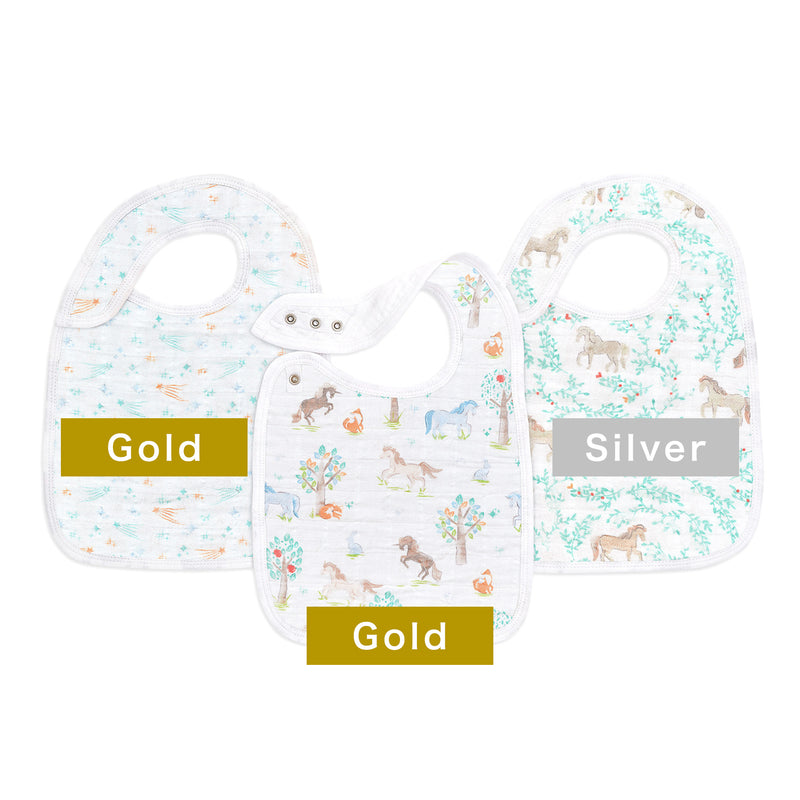 【名入れ】[aden + anais] スナップビブ（よだれかけ） - 3枚セット／イヤー オブ ザ ホース×Gold・Silver糸